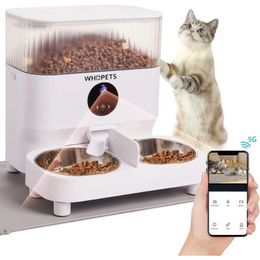 Automatic Cat Feeders WHDPETS 5G WiFi Cat Food Dispenser with 1080P Camera for 2 Cats Dogs 5L Pet Feeder with Feeding Mat 240328