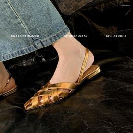 Casual Shoes 2024 Summer Women Sandals Natural Leather 22-24.5cm Cowhide Sheepskin Cross-strap Buckle Fashion Design