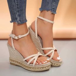 Sandals Ankle Strap Wedge Heel for Women 2024 Cross Strappy Thick Platform Sandalias Woman Summer Buckle Gladiator Shoes Ladies H240328