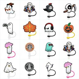 Halloween spooky ghost silicone straw toppers accessories cover charms Reusable Splash Proof drinking dust plug decorative 8mm straw party supplies