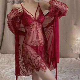 Sexy Set Sexy Pyjamas Women Big Size Sleepwear Mesh Dress Nightgowns Cardigan Thong Three-piece Suit Lace Loungewear Night Gown New Y240329