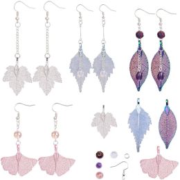 Components 1 Box DIY 4 Pairs Natural Real Leaf Starter Kit Include Filigree Long Drop Dangle Pendants Glass Beads Cable Chain Earring Hooks