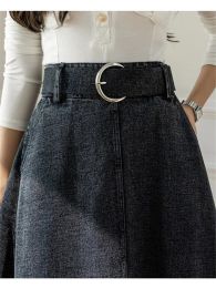 Seoulish Spring Summer Denim mi-long Women's Skirts with Belted High Waist A-line Skirt Mid-calf Umbrella Jeans Skirts 2022 New