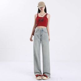 Light colored high waisted jeans for womens spring new Korean version trend loose and slimming design narrow version wide leg straight leg pants