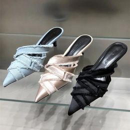 Sexy Denim Low Heel Slipper Summer Elegant Sandals Shallow Pointed Toe Mules Stripper High Pumps Ladies Slide Shoe 240327