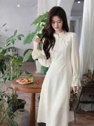 Ethnic Clothing Chinese Dress For Women's Spring/Summer 2024 Slim And Gentle Long Sleeved Mid Length Improved Qipao Solid Colour