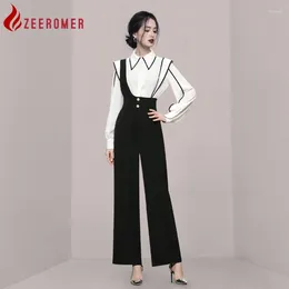 Women's Two Piece Pants 2024 Autumn Fashion Elegant Office 2 Set Women Lapel Lantern Sleeve Ruffles Hit Colour Shirt High Waist Wide Leg Pant