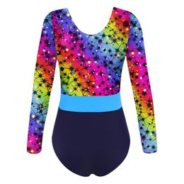 Toddler Girls Gymnastics Swimwear Swimsuit for Dancing Colourful Print Ballet Leotards Round Neck Long Sleeves Bodysuit Jumpsuit