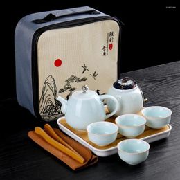 Teaware Sets Portable Travel Tea Set Teapot 1 Pot 4 Cup Chinese Designer Green Ceramic