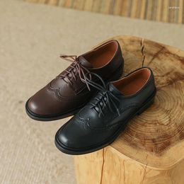 Casual Shoes 2024 Spring Women Pumps Natural Leather 22-25.5cm Washed Cowhide Pigskin Full Lace Up Loafers Retro Brogue