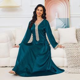 Ethnic Clothing Abaya For Women Ramadan Gurban 2024 Muslim Robe Women's Style Diamond Tunic Dress V-neck Dubai Long Sleeves