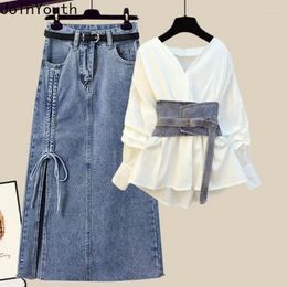 Work Dresses Y2k Fashion Skirt Outfits 3 Piece Sets Women's Clothing Tunic Girdle Slim Waist Shirt High Drawstring Denim Skirts Suit