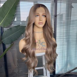 New Autumn 2023 13x3 Synthetic Lace Front Wig Copper Brown Highlight Long Wavy Swiss Transparent Lace Daily Wear Women Wig