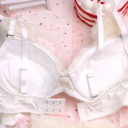 Womens 2pcs Bra Panty Set Bear Embroidery Faux Fur Underwire Underwear Plush Ball Bow Japanese Anime