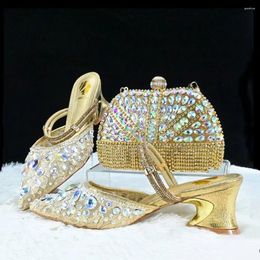 Dress Shoes Gold Women Stones And Bag Set African Ladies Sandals Luxury Pumps Match With Handbag Clutch Purse Femmes Sandales GL45