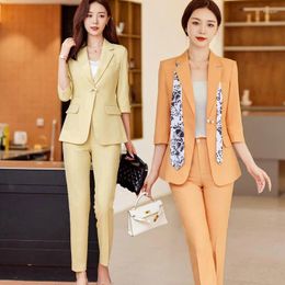 Women's Two Piece Pants Yellow Suit Jacket Spring And Summer 3/4 Sleeve Small 2024 Business Temperament Casual