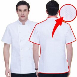 kitchen Chef Uniform Bakery Food Service Cook Mesh Back Stand Collar Short Sleeve Shirt Breathable Double Breasted Chef Clothes 373I#