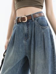 Women's Jeans Light Washed Denim Wide-leg Pants Women Summer Thin High-waisted Straight Sweet Cute Pleated Floor-length Trousers Chic