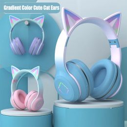 Earphones Headset Bluetooth Headphone Wireless Music Gradient Color Led Light Cat Ear with Mic Gamer Earphone Kids Lovely Christmas Gifts