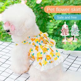 Dog Apparel XS-L Small Dogs Cats Clothes Flower Printed Skirt Cute Princess Dress With Tow Rope And Bow Chest Harness Puppy Outdoor Costumes