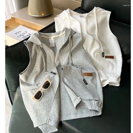 Women's Vests Korean Style Solid Vest Women Spring Autumn Sports Casual Sleeveless Drawstring Hoodies Tops Fashion All-matched Hooded