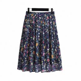 150kg Plus Size Women's Spring Summer Retro Floral Chiff A-Line Skirt 5XL 6XL 7XL 8XL 9XL Loose Elastic Waist Skirt Navy Q07u#