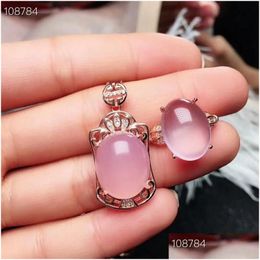 Pendant Necklaces Meibapj Natural High Quality Pink Rose Quartz Fine Jewellery Set Pure Sier Necklace And Ring Suit For Women Drop Deliv Dhvcn