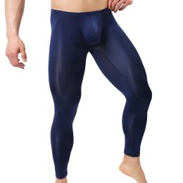 Men's Sexy Long Johns Ice Silk Ultra-thin Penis Pouch Leggings Underwear Men Home Sheer Lounge Pants Sleep Bottoms Gay Sleepwear