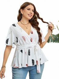 plus Size Wrap V Neck Short Sleeves Top Shirts Belt Tie Ruffle Peplum Blouse Leaf Print Women Tee Casual Vacati Clothing A1D3#