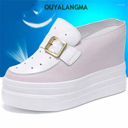 Casual Shoes Increasing Height High Heels Women's Cow Leather Round Toe Platform Wedge Mules Fashion Sneaker Slipper Party Pumps Summer