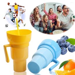 Cups Saucers 1000ml Portable Snack Container Multifunction Stadium Tumbler Popcorn Beverage Cup 2 In 1 With Straw & Handle For Kids Adults