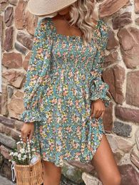 Basic Casual Dresses Women Casual Dress Spring Autumn Fashion Female Long Slve Printed Floral Elastic Bust Backless A-line Midi Chiffon Dresses T240330