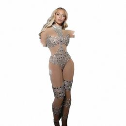 sparkly Sier Big Rhinestes Transparent Sexy Jumpsuit Evening Birthday Celebrate Costume Dance Performance Leggings Bodysuit 57CT#