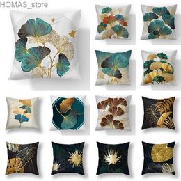 Pillow 45x45cm Ginkgo Leaf Polyester Cushion Cover Black Gold Lumbar Living Room Chair Sofa Home Decor Gift Y240401