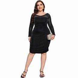 plus Size L-5XL Elegant Prom Party Sequin Dr Women Sexy See Through Lg Sleeve V Neck Bandage Wrap Mini Dres Female Robe 11PJ#