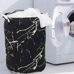 Laundry Bags Cotton Linen Marble Grain Storage Bag Foldable Round Dirty Clothes Large Capacity With Handles Hamper