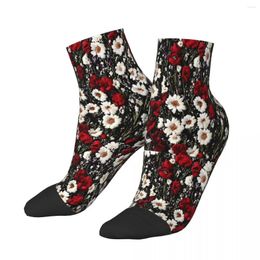 Men's Socks White Red Embroidery Flowers Ankle Male Mens Women Spring Stockings Printed