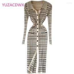 Casual Dresses Vintage Stripe Knit Women Single Breasted Turndown-Collar Slim Dress Autumn Winter Bodycon Split Sweater