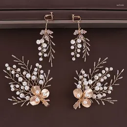 Hair Clips Luxury Set Clip Crystal Pearl Leaf Earring For Women Party Prom Bridal Wedding Accessories Jewellery Veil Gift