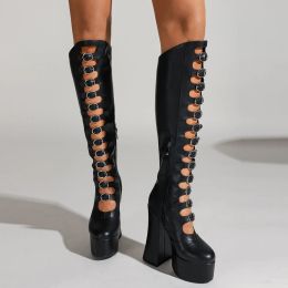 RIBETRINI Punk Gothic Chic Platform Knee High Boots For Women Buckle Blcok High Heels Cosplay Halloween Long Designer Shoes