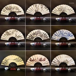 Decorative Figurines Chinese Folding Fan Wooden Bamboo Antiquity Classical Calligraphy Painting Home Decor Crafts