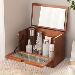 1pc Vintage Wooden Cosmetic with Mirror for Home, Large Capacity Desktop Perfume Box, Wood Cosmetics Skincare Products Storage Box