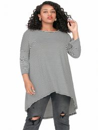 plus Size Lg Sleeve Black And White Stripe Tops Women Lg Loose Hi Low Swing Blouse T Shirt Large Size Casual Tunic 7XL 8XL y2c4#