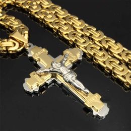 Necklaces Heavy Crucifix Jesus Cross Necklace Stainless Steel Christs Pendant Gold Byzantine Chain Men Necklaces Jewellery Gifts 24"