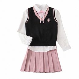 casual JK Cott V-Neck Knitted Vest Pink Edge Design Sweater Sets Pink Skirt Japanese School Uniform Anime Cos Costumes Women d5MF#