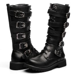 Men's Leather Motorcycle Boots Mid-calf Military Combat Boots Gothic Belt Punk Boots Men Shoes Tactical Army Boot Botas Hombre