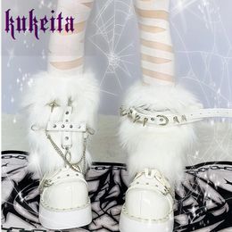 Harajuku Punk Rock White Furry Leg Warmer Socks Y2k Metal Star Rivet Chain Buckle Chic Leg Cover Women Girls Streetwear 240315
