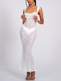 Casual Dresses White Black Floral Lace See Through Dress 2024 Summer Elegant Sexy Women Party Poshoot Sleeveless