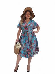 2024 New Women Summer Paisley Lg Dr V Neck Short Sleeve Floral Print Boho Beach Dr Curvy Woman Plus Size Women Clothing S0dv#