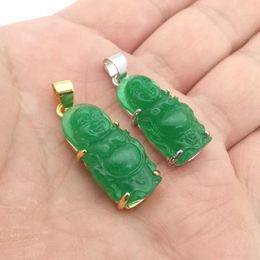 Pendant Necklaces Charm 25X12MM Green Jade Hollow Cutting Carved Buddha Buddhist Amulet 1 PCS